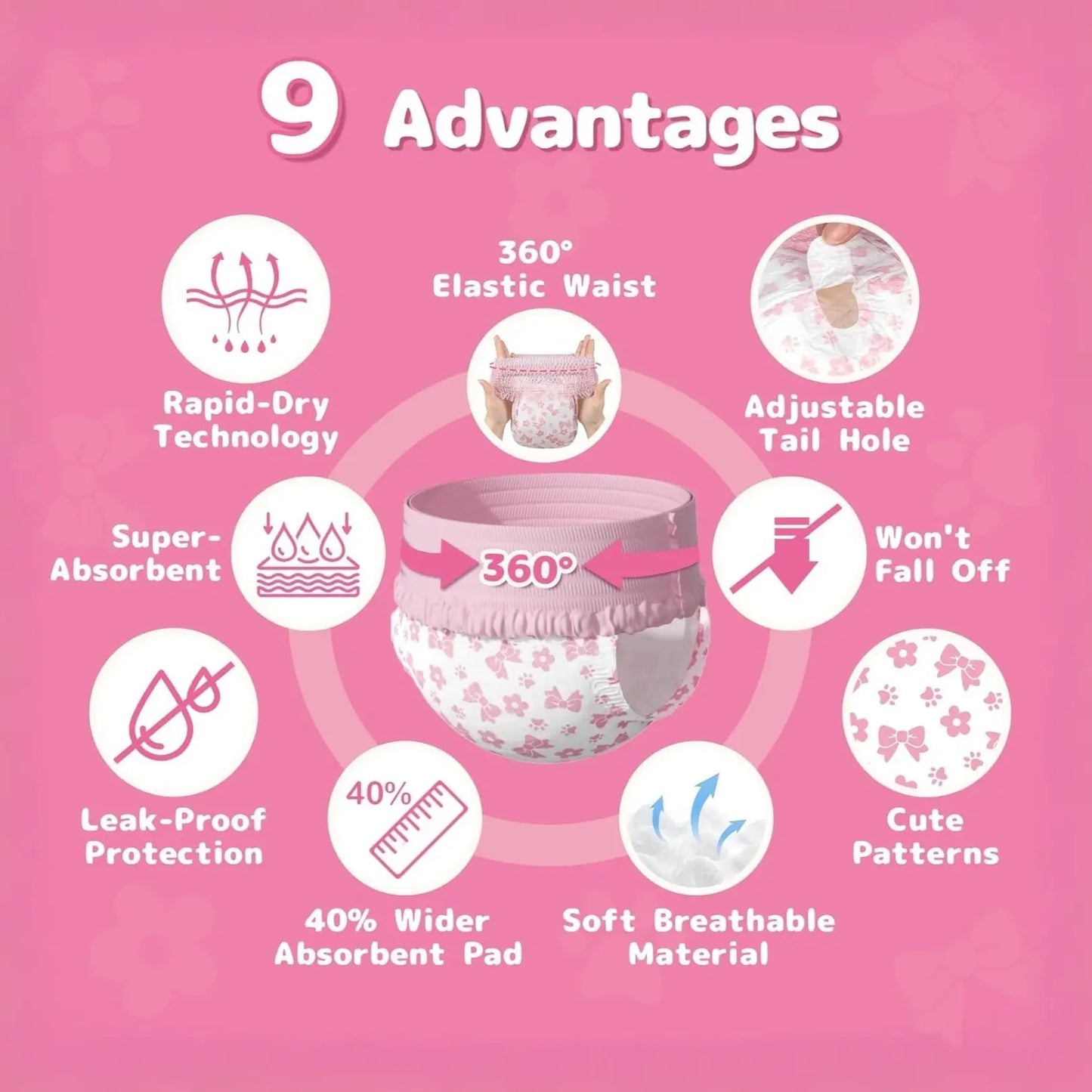 Dono Disposable Pull It up Female Dog Diapers, 360° Stretchy Waist Puppy Diapers, Super-Absorbent Doggie Diapers with Rapid-Dry Technology Leak-Proof Design for Doggy in Heat Period,Perfect for Summervibes and Petlovers